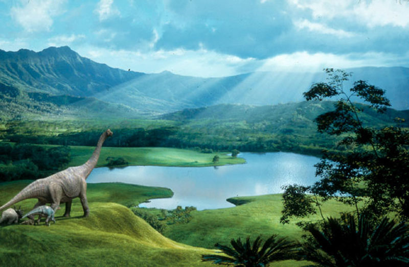 landscape picure that includes dinosaurs